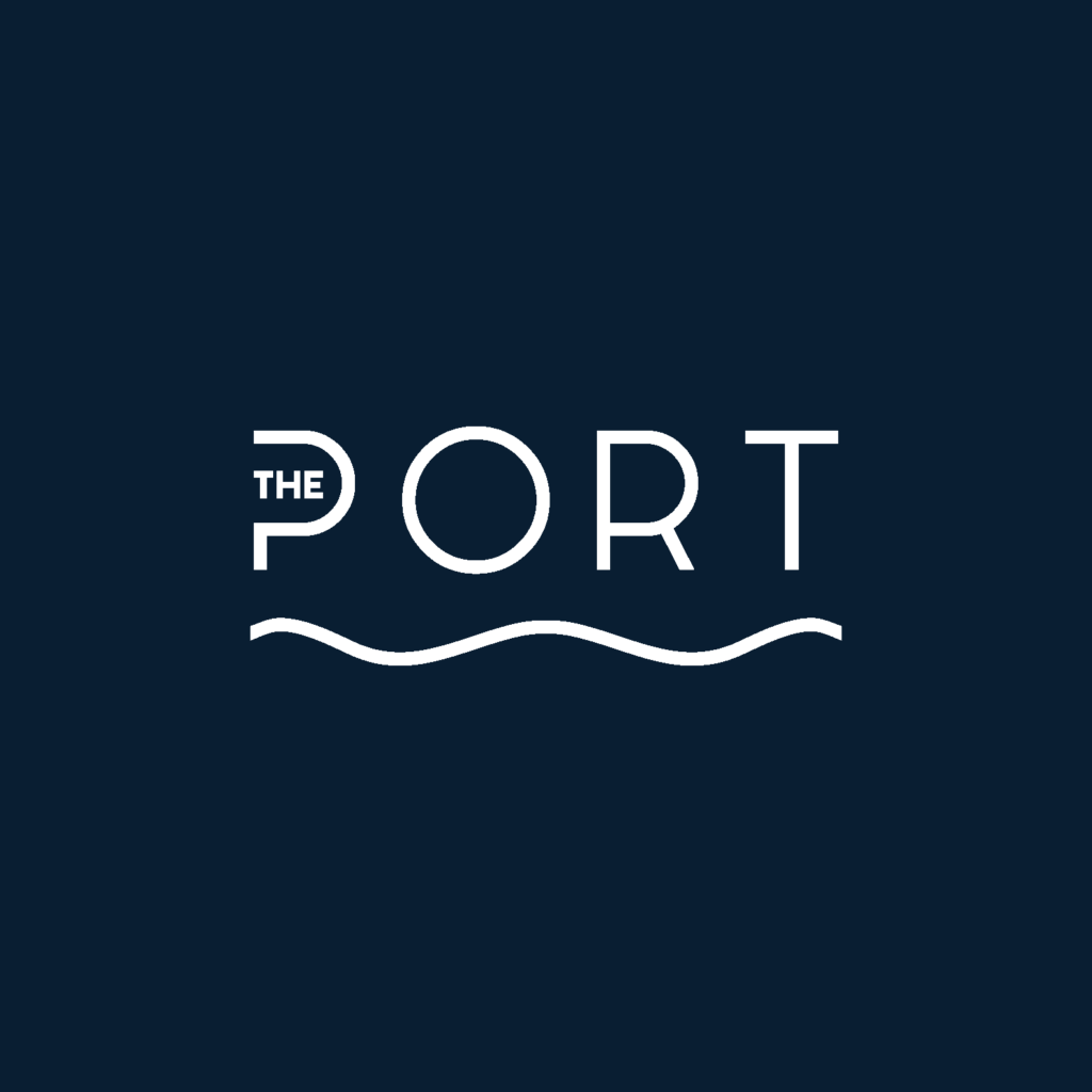 The Port logo in white on a navy blue blackground. 